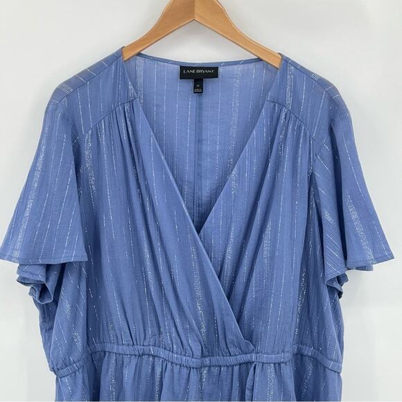 Lane Bryant blouse women's 22 faux wrap flutter sleeve stripe blue silver - Picture 3 of 9